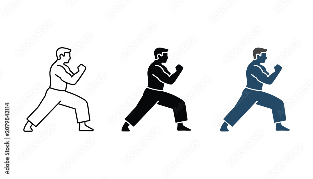Obraz premium Martial arts fighter in ready stance icon set featuring line art silhouette and flat blue design for self defense training programs sports apps and fitness studio branding on white background