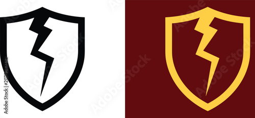 Two shield featuring a lightning bolt crack in the center, one in black outline and one in yellow on a dark red background, set