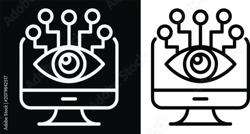 Two versions of a black and white showing an eye on a computer screen with circuit board nodes representing digital surveillance