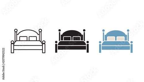 Billede på lærred Double bed furniture icon set featuring comfortable sleeping mattress with headb