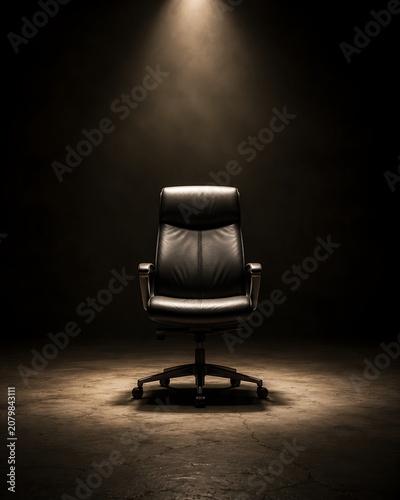 A solitary black office chair stands illuminated by a single spotlight in a dark, empty room, creating a dramatic and mysterious atmosphere.