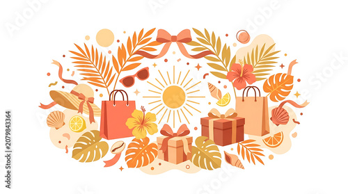 Vibrant summer sale illustration with tropical elements and sun