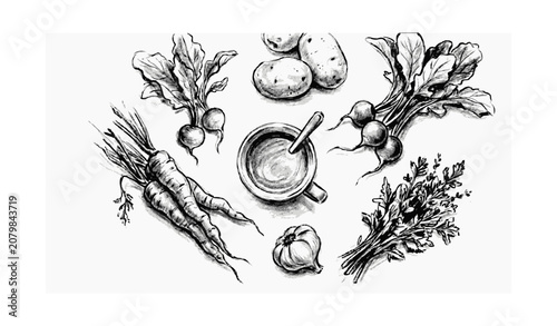 Top view of soup mug surrounded by fresh vegetables pencil sketch vector