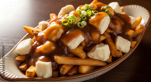 Poutine features crispy fries topped with savory gravy and fresh cheese curds for a hearty meal.