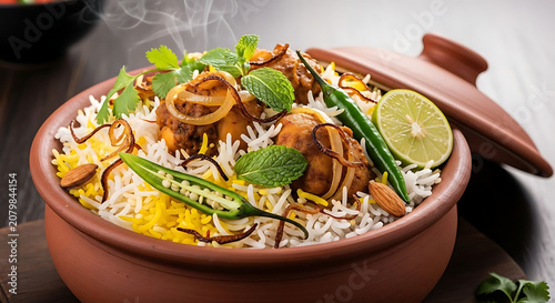 Biryani cooked in a clay pot features aromatic spices and tender meat for a savory meal experience.
