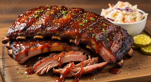 Barbecue pork ribs are glazed in thick savory sauce and served with fresh coleslaw and pickles.