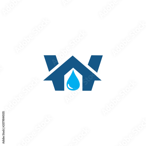Minimalist house shape icon with blue water drop inside plumbing minimalist