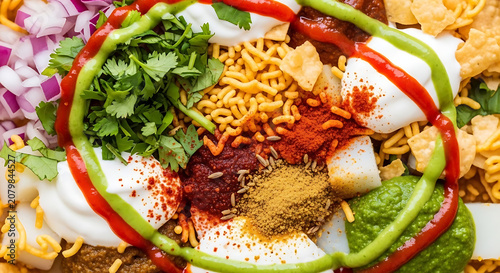 Chaat dish features vibrant layers of crunchy sev, fresh cilantro, yogurt, and spiced chutney.