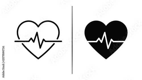 Heart rate icons with ecg line in black and white