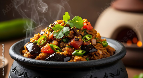 Eggplant curry cooked in a traditional clay pot releases steam in a rustic kitchen environment.