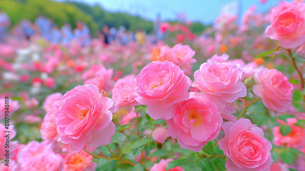 Fototapeta premium Vibrant pink roses bloom at Sam Cheok Rose Park Festival