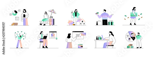 Collection of 10 money spend illustrations. Flat vector concept.