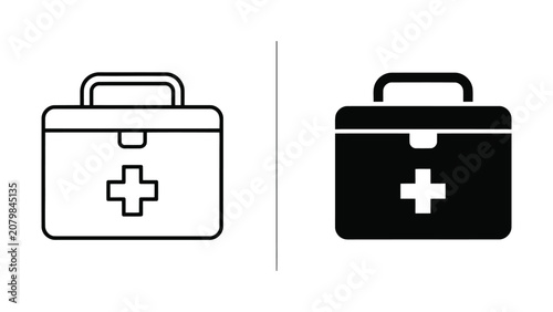 Two medical first aid kit icons in black and white on white background
