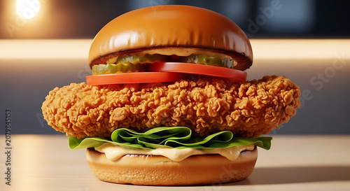 Crispy chicken sandwich with fresh tomato and lettuce rests on a clean table in a modern setting.
