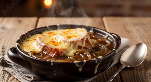 French onion soup topped with melted cheese sits steaming in a dark ceramic bowl on a wooden table.