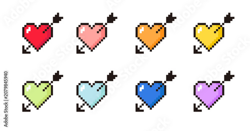 Canvastavla カラフルなハートのドット絵のイラストセット　ハートに矢　キューピッドの矢