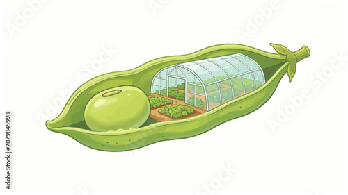 Surreal Whimsical Illustration of an Open Pea Pod Containing a Single Green Pea and a Miniature