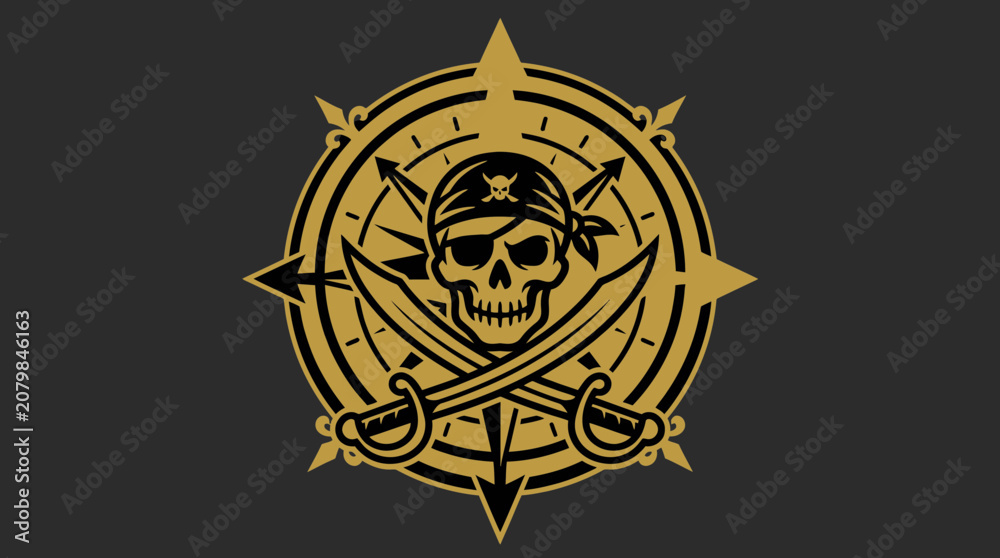 Obraz premium Pirate skull symbol with crossed cutlasses and compass elements, flat black and gold colors