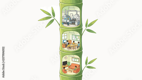 Whimsical Bamboo House Cutaway: Factory, Office & Living Room Scenes Revealed