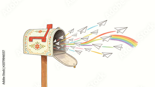 Whimsical Decorated Mailbox Release of Colorful Paper Airplanes Forming a Rainbow Trail