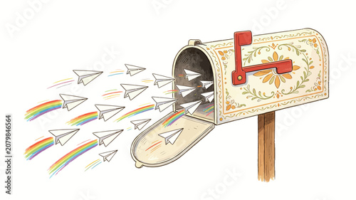 Vintage mailbox with floral design releasing colorful paper airplanes flying in a cheerful scene