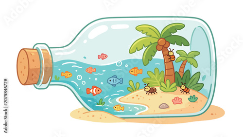 Whimsical bottle containing a tropical island with fish, palm trees, insects, and ocean waves