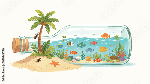Whimsical Micro Ecosystem in a Glass Bottle With Tropical Beach Elements, Palm Tree, Turtle, and