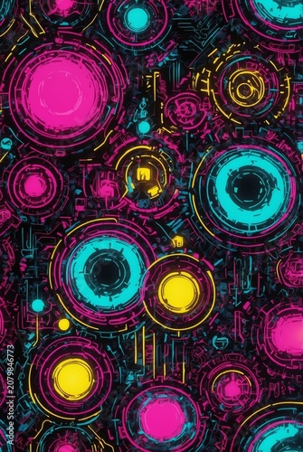 Electric cyan neon purple hot pink bright yellow black illustration background