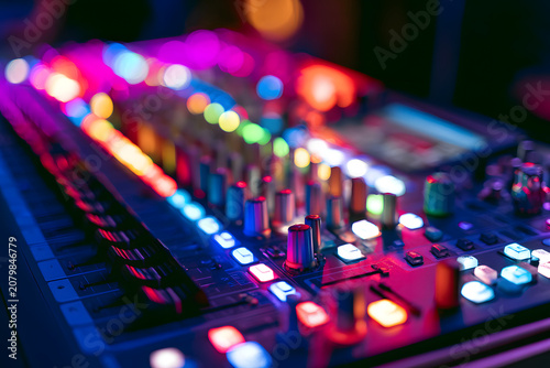 A professional audio mixer is accentuated by colorful lights, which engender a lively and dynamic ambiance within a music studio