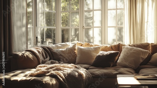 Cozy living room with large windows
