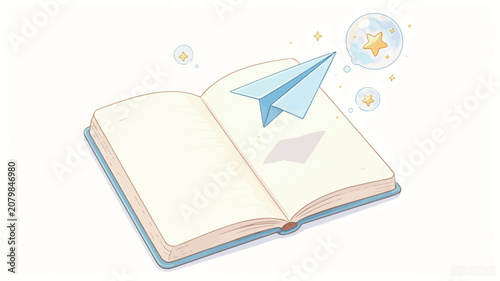 A Dreamy Illustration of an Open Book with a Paper Airplane and Magical Stars