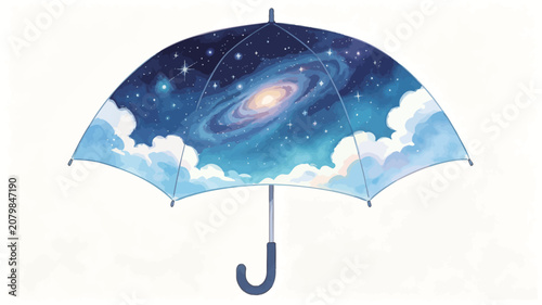 Whimsical Watercolor Umbrella Featuring Swirling Galaxy and Fluffy Clouds