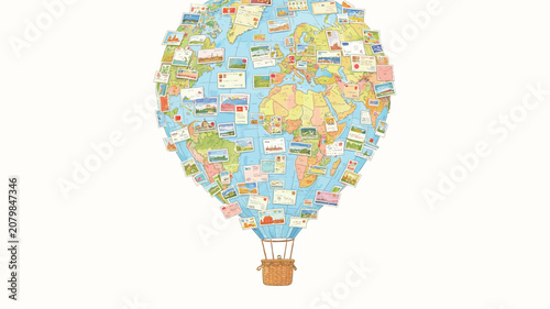 World Map Hot Air Balloon Decorated with Postcards and Stamps Illustrating Global Travel Connections