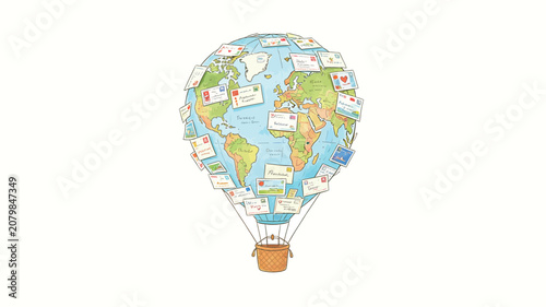 Whimsical Hot Air Balloon Shaped Like a Globe Covered in Postcards from Around the World
