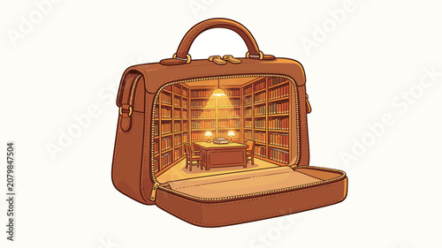 Whimsical Leather Briefcase with a Cozy, Miniature Library Study Inside, Warm Lighting and