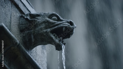 Gargoyle statue with water flowing in rain