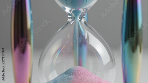 Vibrant Multicolored Metallic Hourglass with Pink Sand Sits Centered in Frame