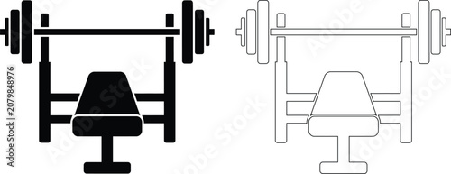 Vector icon set features a gym weight bench with a heavy barbell, presented in both solid black silhouette and line outline styles for strength training workouts.