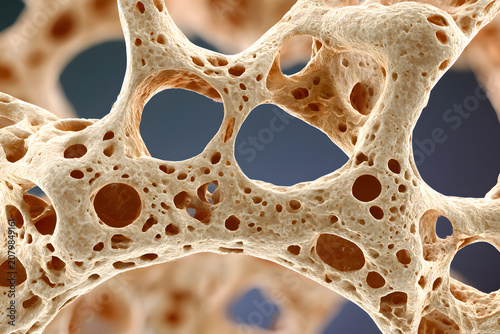 Examining bone tissue under a microscopic lens reveals the effects of osteoporosis, emphasizing the reduction in density and the increase in porosity