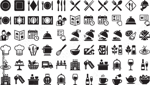 Set of black restaurant and hotel service vector icons presented in a clean on transparent background