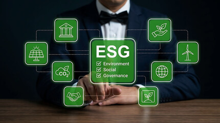 Businessman pointing at ESG concept icons for sustainable business growth