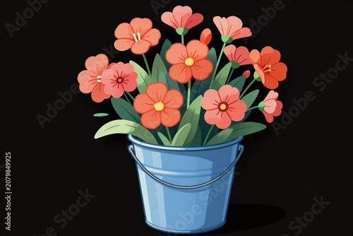 A blue bucket filled with orange flowers
