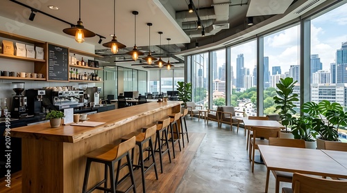 Modern coffee shop interior with city view.