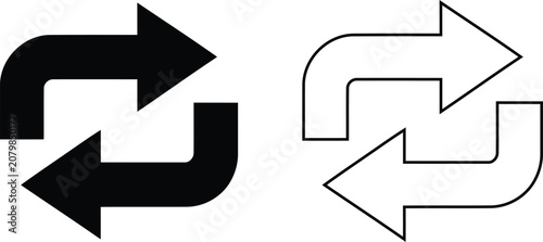 Tableau sur toile Vector icon set features bent exchange arrows representing a refresh, sync, or loop cycle process, presented in both solid black silhouette and line outline styles for UI design