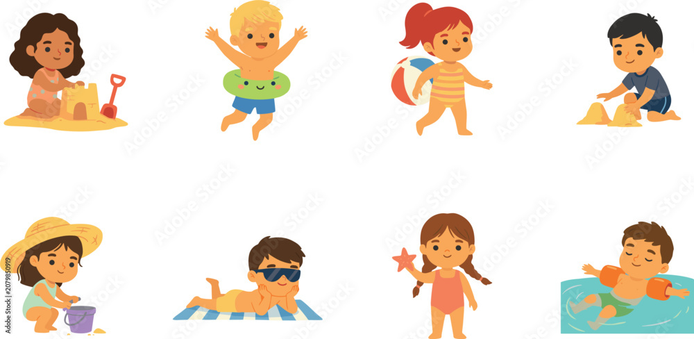 Fototapeta premium Diverse Cute Kids Beach Activity Vector Character Set with Children Swimming Building Sandcastles Tanning and Playing with Ball for Summer Holiday Designs