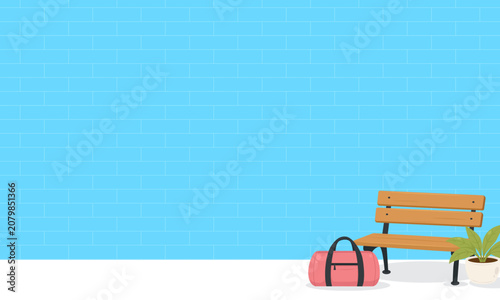 Flat Vector Gym Interior Background with Wooden Bench, Sports Bag, Potted Plant and Blue Brick Wall