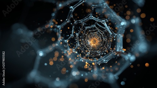 Abstract hexagonal lattice structure with glowing energy core and floating particles forming futuristic scientific background for nanotechnology, molecular research, quantum physics, advanced chemistr