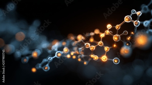 Abstract molecular structure with glowing cosmic elements, futuristic science and technology background featuring interconnected atoms, particles, digital network, quantum physics concept, chemistry r