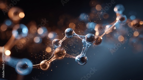 Abstract molecular structure with glowing cosmic elements, futuristic science and technology background featuring interconnected atoms, particles, digital network, quantum physics concept, chemistry r