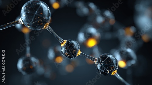 Abstract molecular structure with glowing spheres and metallic rods forming futuristic scientific concept background for chemistry, nanotechnology, molecular biology, quantum physics, atomic research,